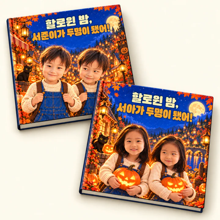 할로윈 밤, 두 명이 된 아이 · 남아와 여아 맞춤 동화책 예시